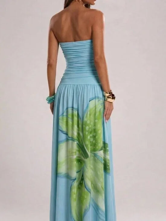 Blue Elegant Women's Strapless Floral Beach Maxi Dress - Picture 2 of 6